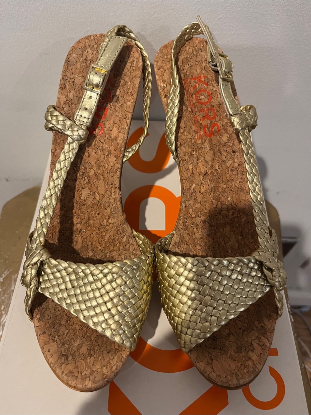 Michael Kors Metallic Gold Braided Cork Wedge Sandals